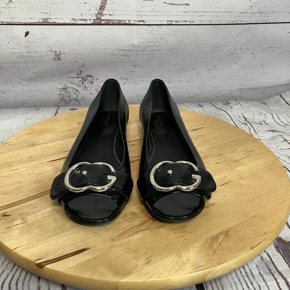Gucci Ballet‎ Flats Womens Size 37EU 7US Black Leather Buckle Peep Toe